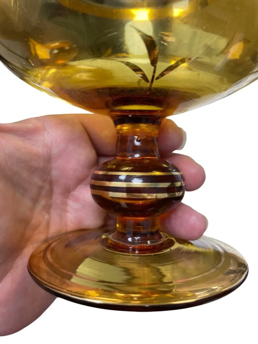 Romanian Vintage amber glass gold leaf pedestal candy dish SKU 140-814